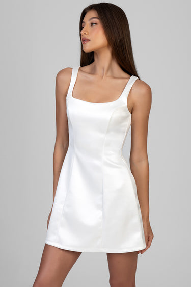 white square neck mini dress with wide straps and side seam panels