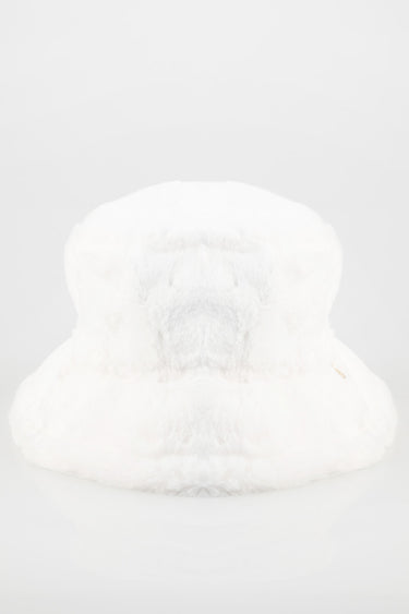 white fluffy bucket hat with plush fur texture by Blue Jean Traders