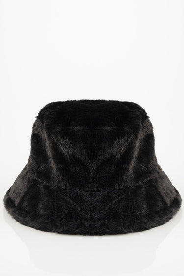 black faux fur bucket hat with a rounded crown on a white backdrop