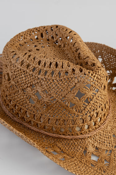 brown straw cowboy hat with intricate open weave pattern and braided band