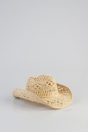 beige straw cowboy hat with crochet lattice design and a wide curved brim on a light background