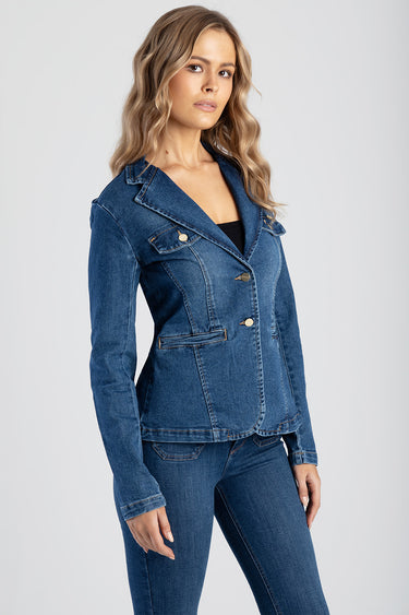 woman wearing blue denim blazer by blue jean traders with gold buttons and matching jeans