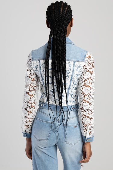 back view of a light wash denim jacket with white lace sleeves worn by a model, Blue Jean Traders