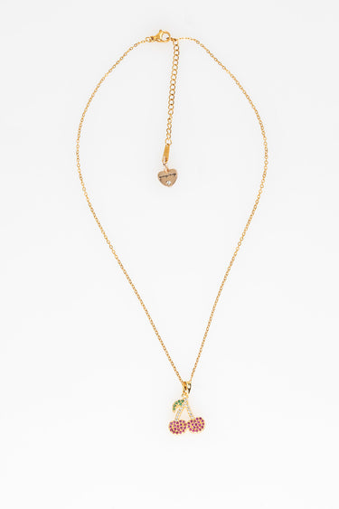 gold tone chain necklace with pink stone cherry pendant and a small heart extender</analysis>