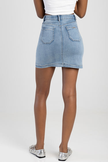 blue denim mini skirt shown from the back with patch pockets and belt loops
