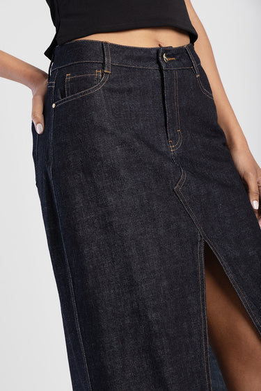 Blue Jean Traders denim skirt with high waist, dark wash, contrast stitching and front slit
