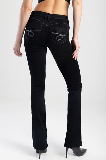 back view of blue jean traders denim jeans with rhinestone stitched back pockets