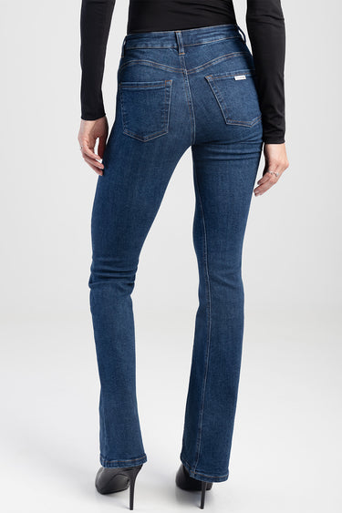 blue jean traders bennie bootleg jeans back view with two rear pockets and contrast stitching, small tag on right pocket