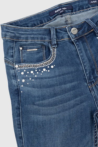 blue denim skinny jeans with crystal rhinestones along the front pocket and a small metal logo badge