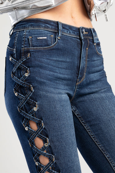 blue denim jeans from Blue Jean Traders with a decorative lace up side panel and metal studs