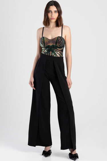 Blue Jean Traders jumpsuit with a sequined striped bustier top and wide leg black pants