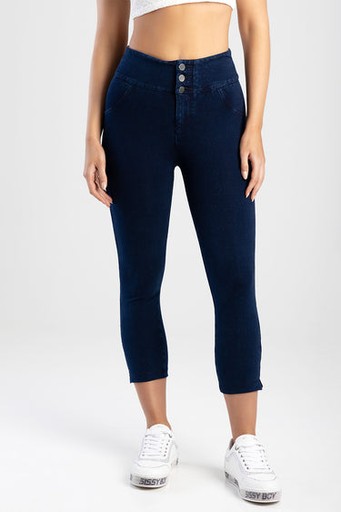 Blue Jean Traders navy capri jeans with a high waist and three metal buttons, front pockets, paired with white sneakers