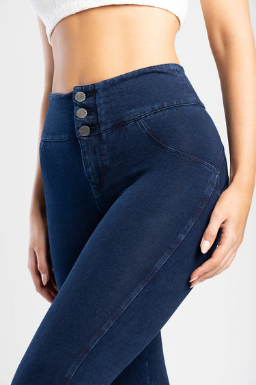 blue jean traders high waisted jeans with three metal buttons at the waist and a slim fit