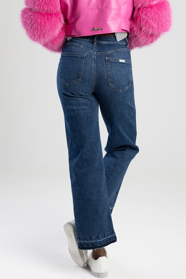 blue jean traders wide leg jeans seen from the back with two back pockets and a small label on the right pocket
