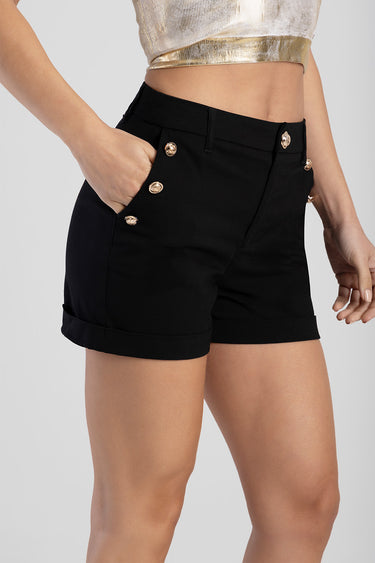 black high waist shorts with gold button accents and rolled cuffs