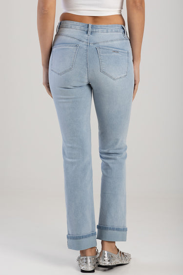 back view of light blue straight jeans with rolled cuffs and two back pockets