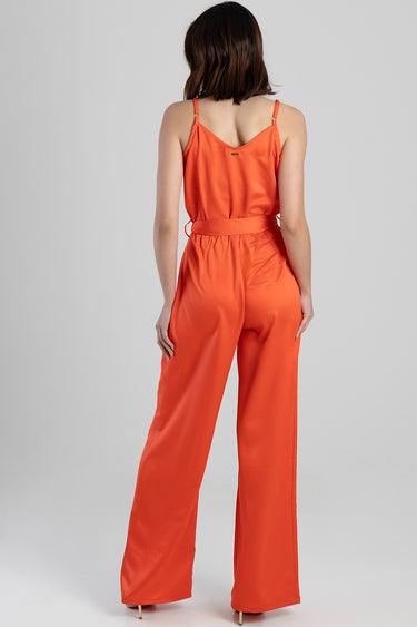 orange satin jumpsuit seen from the back with thin straps, belted waist and wide legs, by Blue Jean Traders