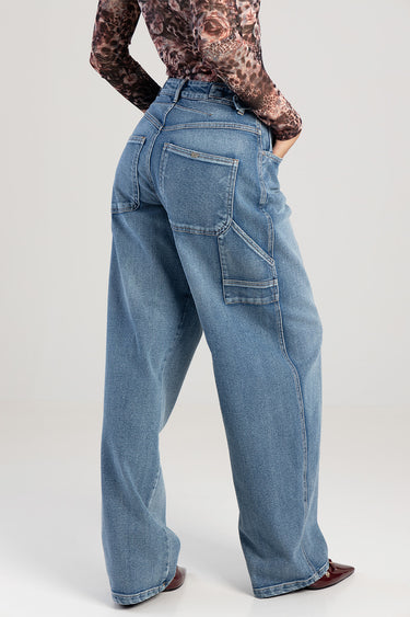 blue wide leg jeans by Blue Jean Traders featuring large back pocket and cargo pocket detail