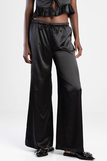 Blue Jean Traders black satin wide leg pants with a drawstring waist
