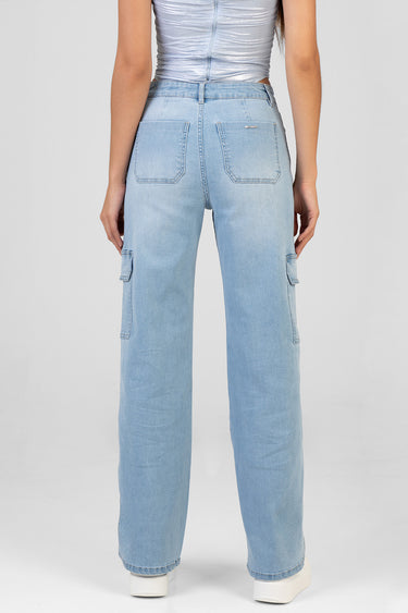 back view of light wash wide leg jeans from Blue Jean Traders with cargo pockets and a small badge