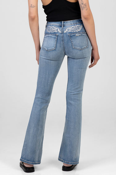 Blue Jean Traders bootleg jeans, back view with light wash, embroidered wings on the waistband and a logo on the right back