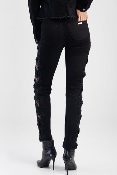 blue jeans by Blue Jean Traders, black wash with floral lace panels along the legs, back pockets and ankle boots