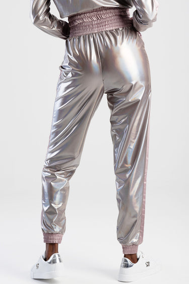 blue jean traders metallic track pants with a pink side stripe, elastic waistband and cuffs, back view