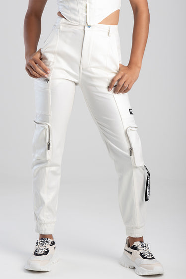 blue jean traders white cargo pants with zip pockets and elastic cuffs at ankles
