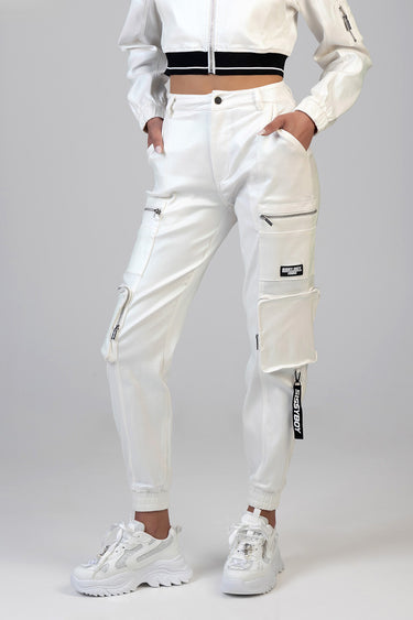 white cargo track pants with zip pockets and elastic cuffs worn by a model from Blue Jean Traders