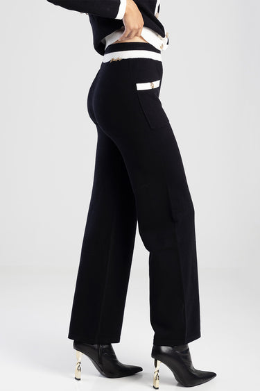 black knit wide leg pants with white waistband trim and pocket detail, gold buttons, by Blue Jean Traders