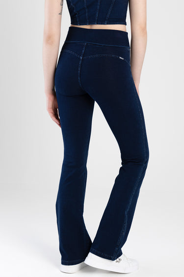 dark indigo high waist jeans from Blue Jean Traders, back view with rear pockets, contrast stitching, flared legs, white