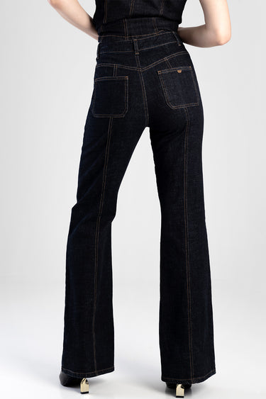 Blue Jean Traders flare jeans in dark indigo, back view with two patch pockets and orange stitching
