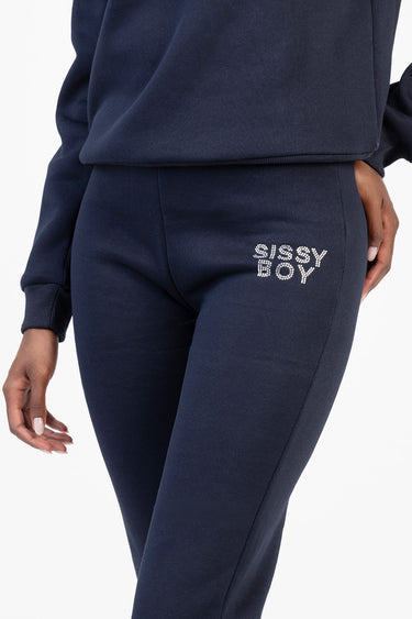 navy blue track pants with a rhinestone sissy boy logo on the back hip