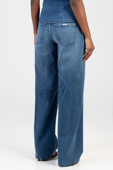 blue balloon leg jeans by Blue Jean Traders, back view with wide legs and two back pockets