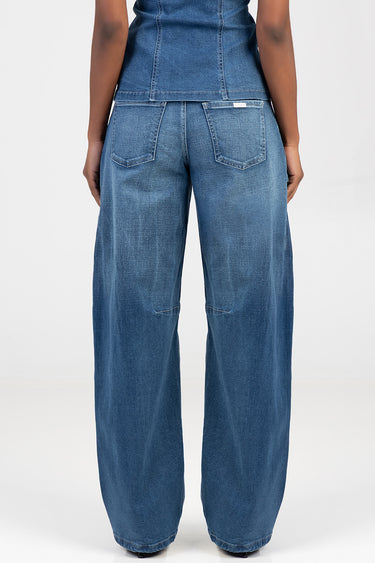blue wide leg jeans from Blue Jean Traders, back view with two patch pockets and faded denim