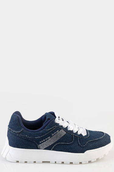 blue jean traders denim sneakers with white laces and a chunky white sole, rhinestone side stripe