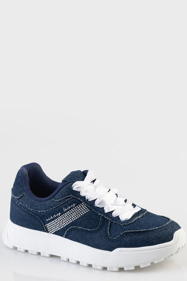 blue jean traders denim sneakers with white laces and a chunky white sole and rhinestone side stripe
