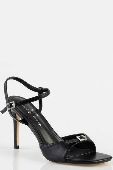 black strappy heel sandal with crystal buckle and stiletto heel by BLUE JEAN TRADERS