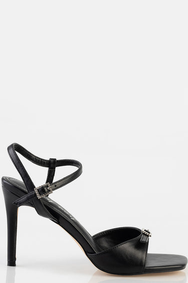black strappy heeled sandal with ankle strap and toe strap featuring small buckle embellishment