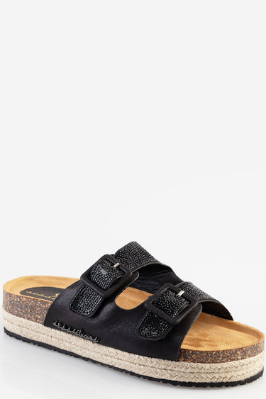 black two strap espadrille sandal with rhinestone buckles, cork and jute midsole, tan footbed