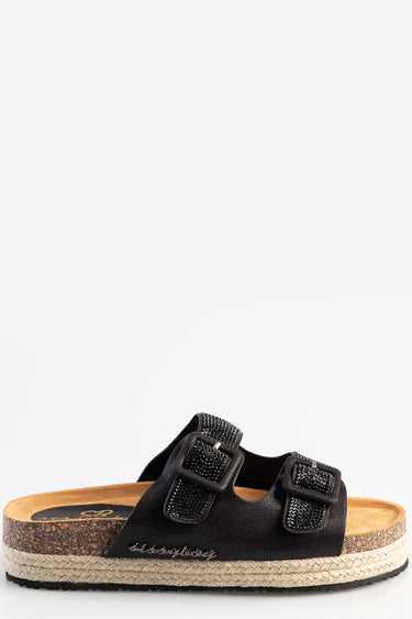 black double strap espadrille sandal with beaded buckle details and cork and jute sole by blue jean traders