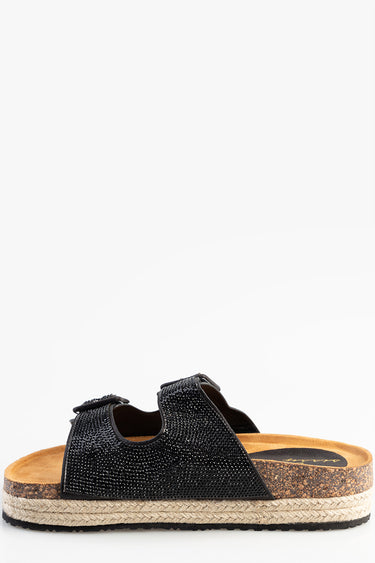 Blue Jean Traders espadrille sandal with black glittery straps, cork footbed, and rope wrapped midsole