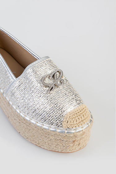 silver espadrille flat with woven metallic knit and rope sole decorative bow accent