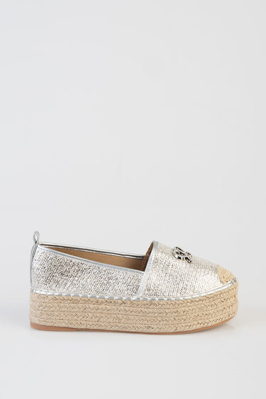 BLUE JEAN TRADERS espadrille flat with metallic silver upper and natural rope sole