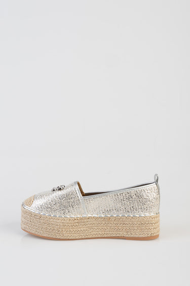 silver metallic espadrille flat with braided jute sole and white stitching
