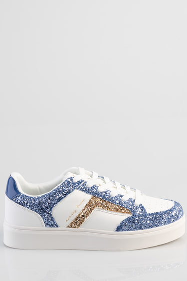 blue and white glitter sneakers with gold stripe and white laces side view