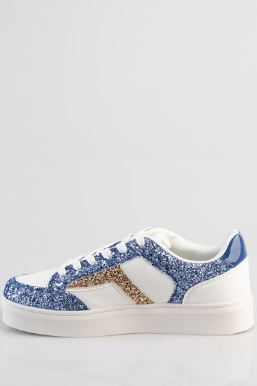 blue and gold glitter sneaker with white leather panels, white laces, and a blue heel cap