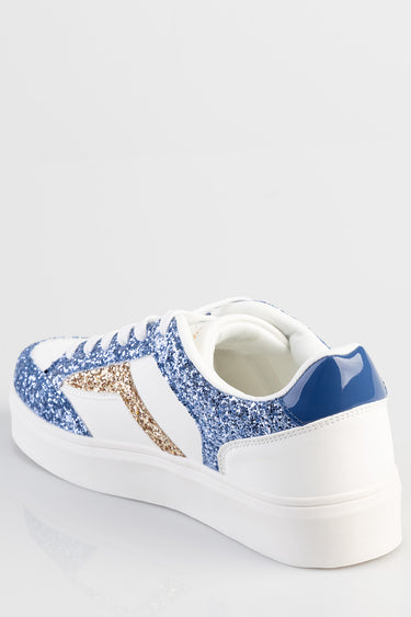 blue and white glitter sneakers with a gold glitter stripe and white sole