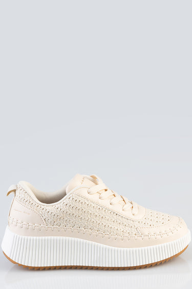 cream knit upper sneaker with thick white platform sole and gum tread by blue jean traders