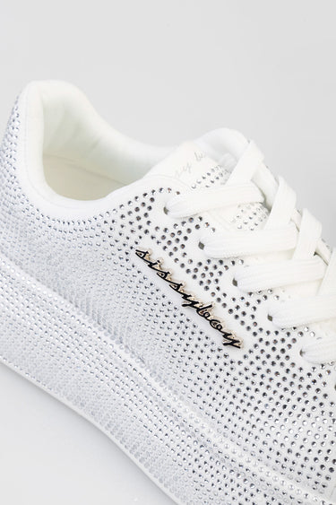 white sneakers by Blue Jean Traders covered in tiny silver rhinestones with white laces